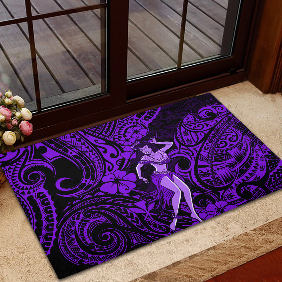 Hawaii Hula Girl Rubber Doormat Hibiscus Hawaii Tribal Tattoo Purple Version LT01 - Polynesian Pride