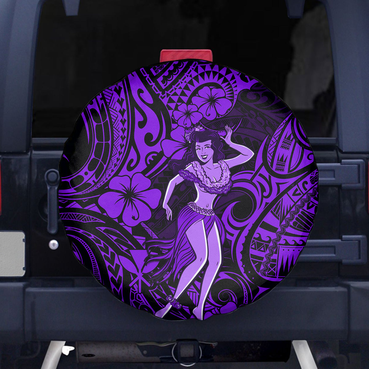 Hawaii Hula Girl Spare Tire Cover Hibiscus Hawaii Tribal Tattoo Purple Version LT01 - Polynesian Pride