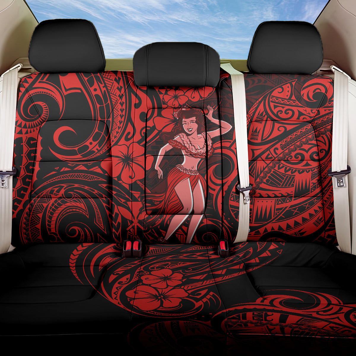 Hawaii Hula Girl Back Car Seat Cover Hibiscus Hawaii Tribal Tattoo Red Version