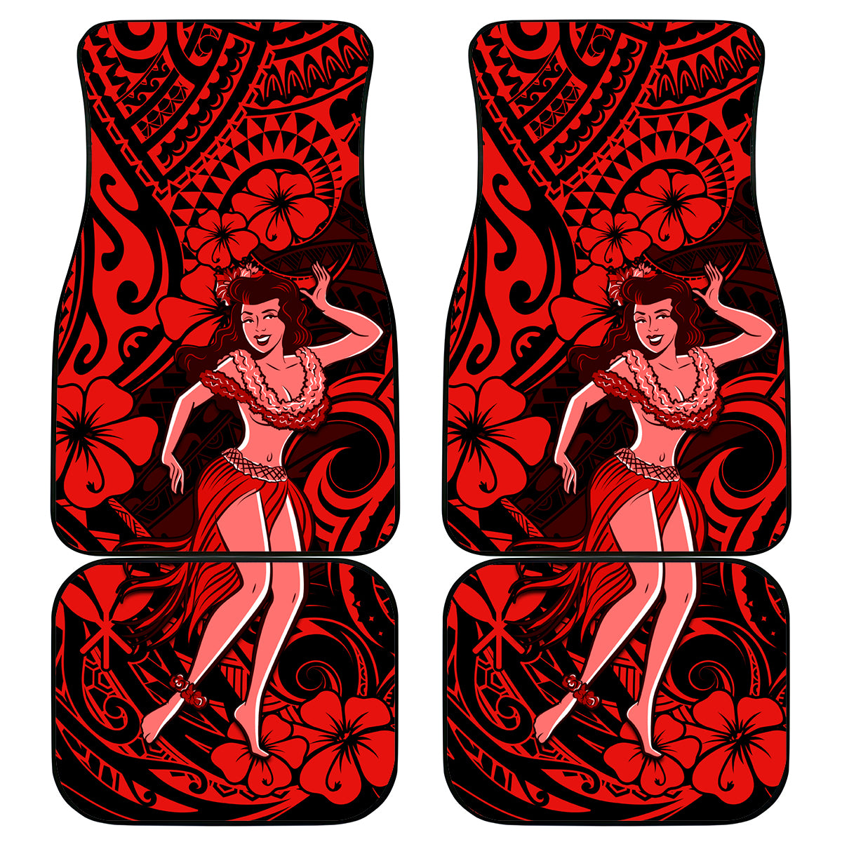 Hawaii Hula Girl Car Mats Hibiscus Hawaii Tribal Tattoo Red Version LT01 Red - Polynesian Pride