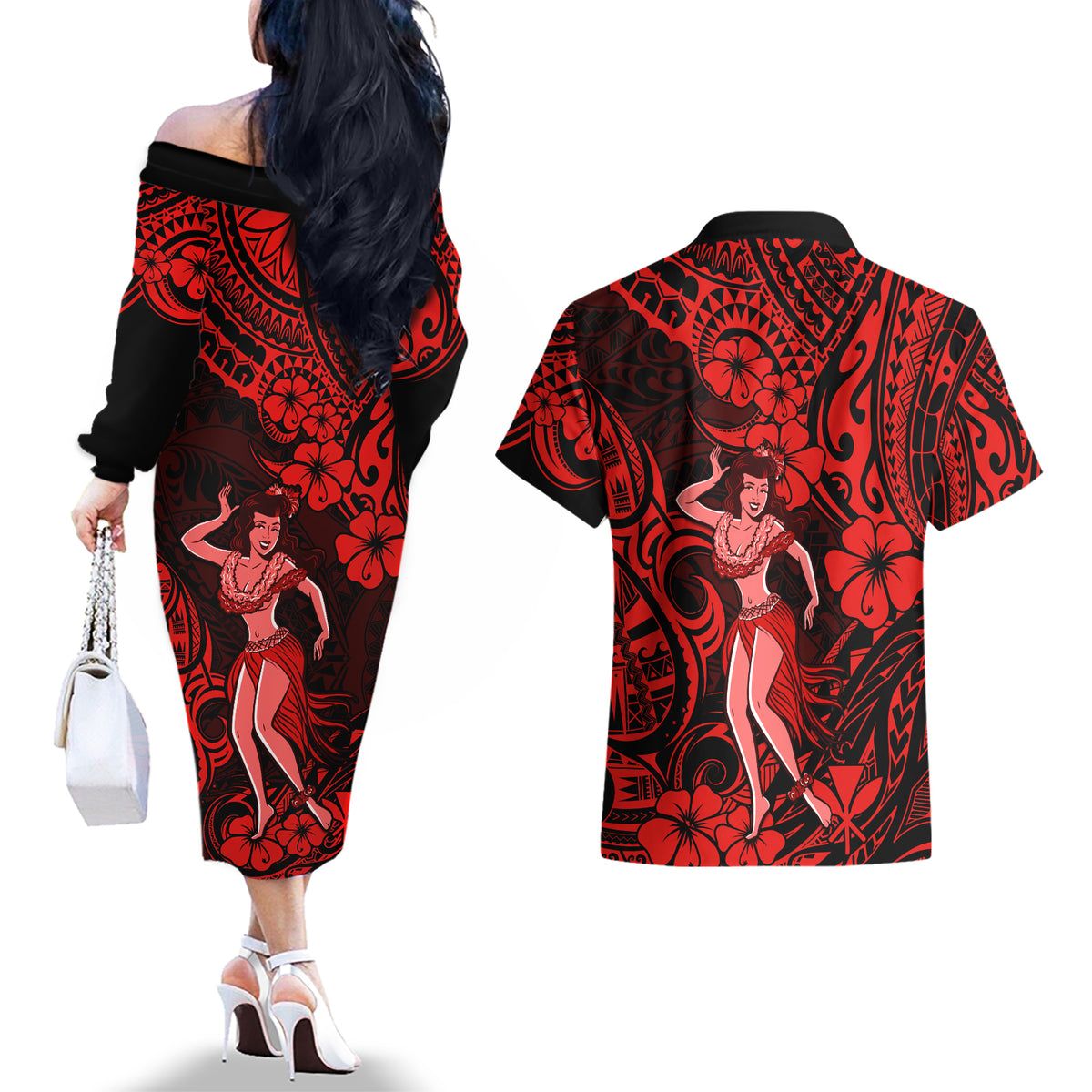 Hawaii Hula Girl Couples Matching Off The Shoulder Long Sleeve Dress and Hawaiian Shirt Hibiscus Hawaii Tribal Tattoo Red Version LT01 - Polynesian Pride