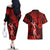 Hawaii Hula Girl Couples Matching Off The Shoulder Long Sleeve Dress and Hawaiian Shirt Hibiscus Hawaii Tribal Tattoo Red Version LT01 - Polynesian Pride