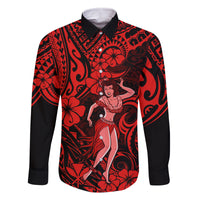 Hawaii Hula Girl Family Matching Off Shoulder Long Sleeve Dress and Hawaiian Shirt Hibiscus Hawaii Tribal Tattoo Red Version LT01 Dad's Shirt - Long Sleeve Red - Polynesian Pride