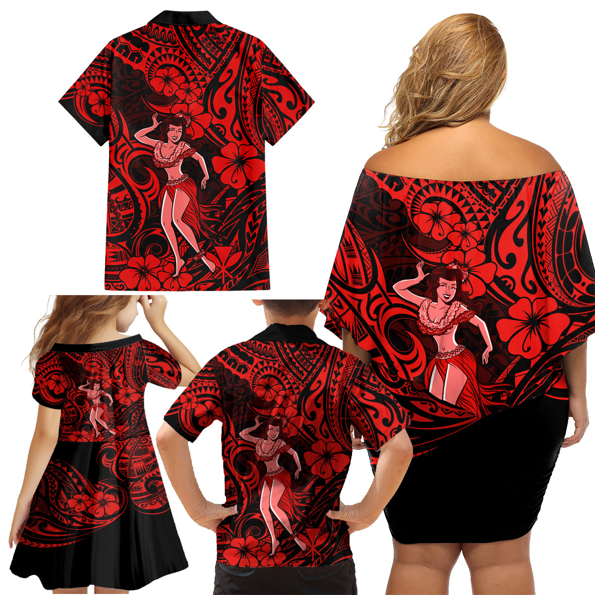 Hawaii Hula Girl Family Matching Off Shoulder Short Dress and Hawaiian Shirt Hibiscus Hawaii Tribal Tattoo Red Version LT01 - Polynesian Pride