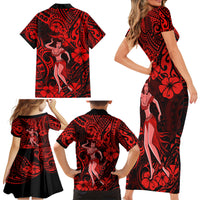 Hawaii Hula Girl Family Matching Short Sleeve Bodycon Dress and Hawaiian Shirt Hibiscus Hawaii Tribal Tattoo Red Version LT01 - Polynesian Pride