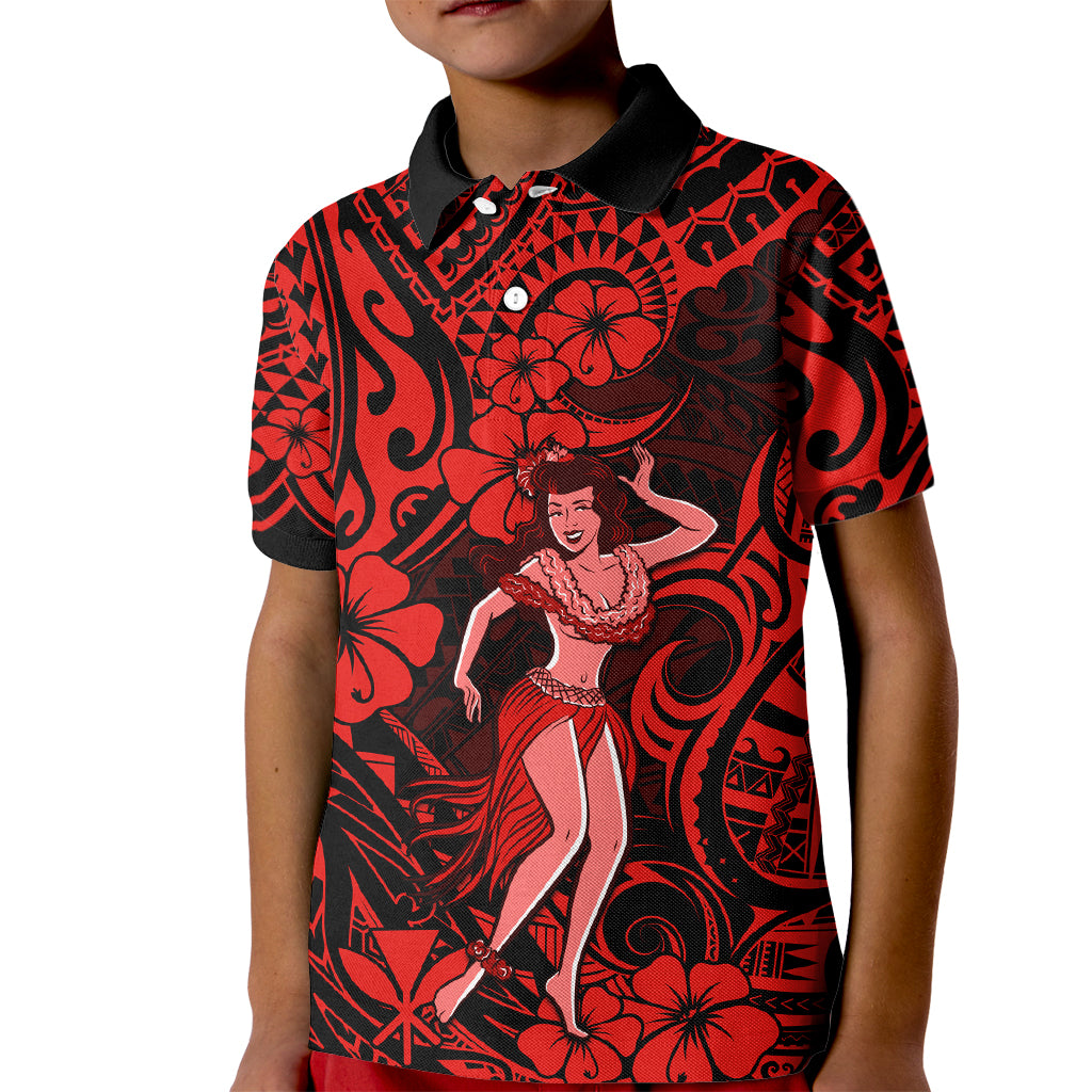 Hawaii Hula Girl Kid Polo Shirt Hibiscus Hawaii Tribal Tattoo Red Version LT01 Kid Red - Polynesian Pride