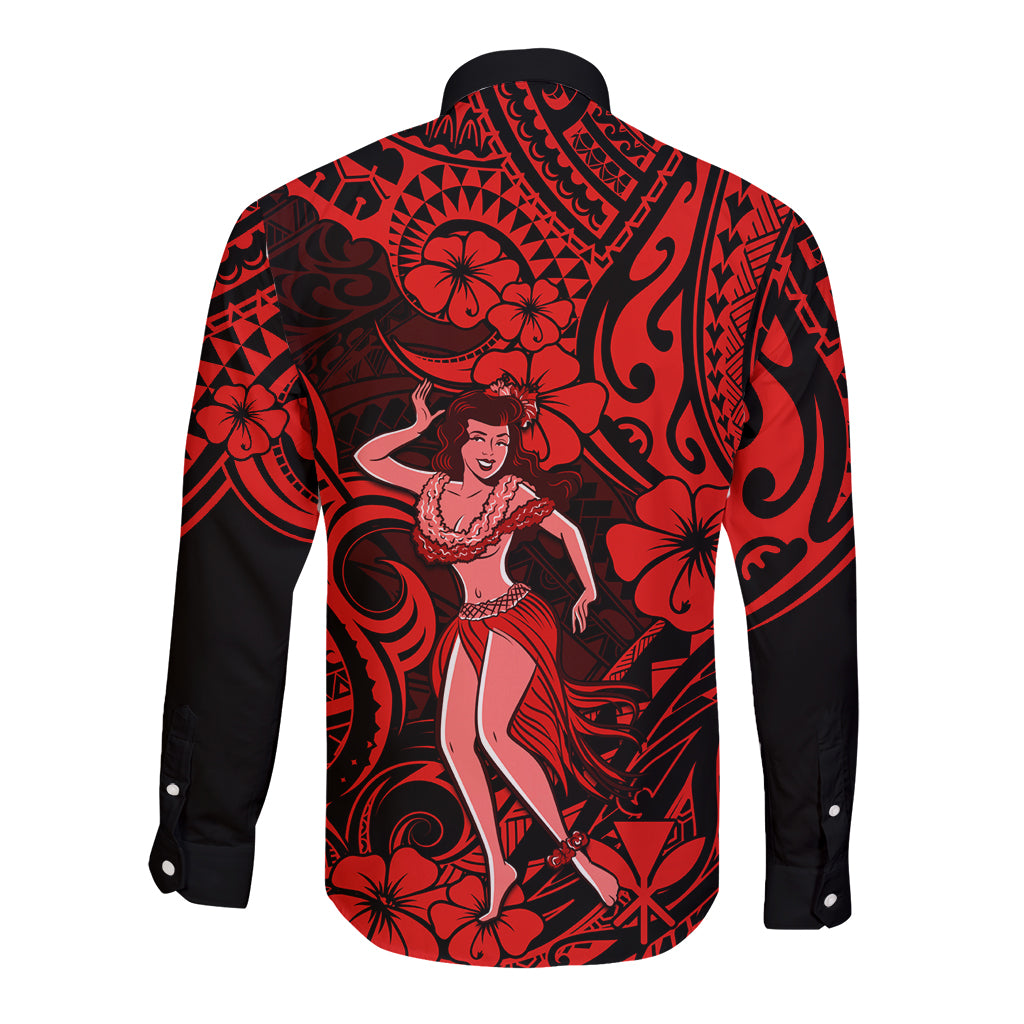 Hawaii Hula Girl Long Sleeve Button Shirt Hibiscus Hawaii Tribal Tattoo Red Version LT01 - Polynesian Pride