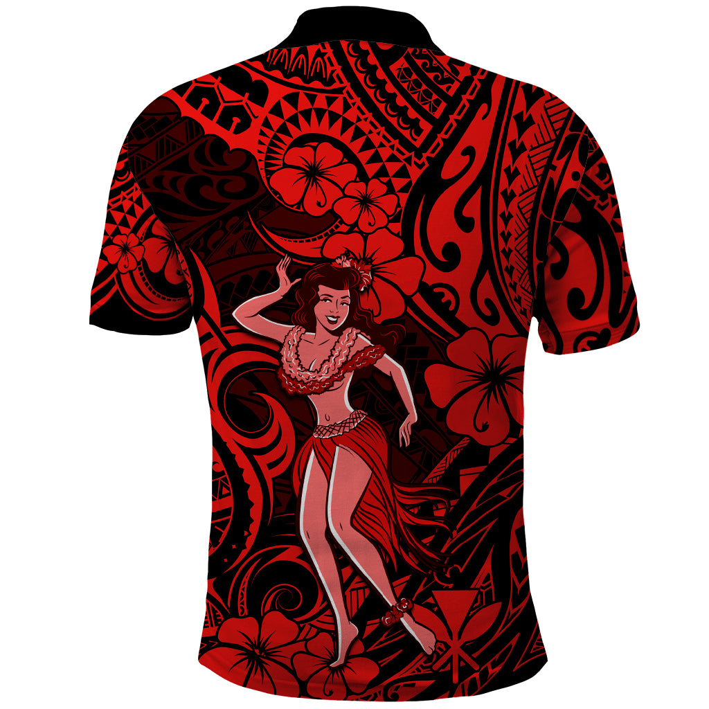 Hawaii Hula Girl Polo Shirt Hibiscus Hawaii Tribal Tattoo Red Version LT01 - Polynesian Pride