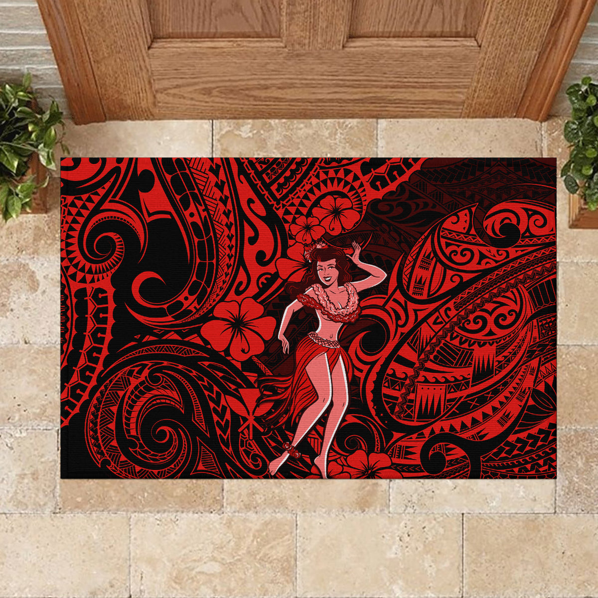 Hawaii Hula Girl Rubber Doormat Hibiscus Hawaii Tribal Tattoo Red Version LT01 - Polynesian Pride
