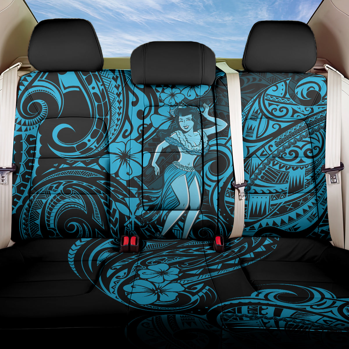 Hawaii Hula Girl Back Car Seat Cover Hibiscus Hawaii Tribal Tattoo Sky Blue Version