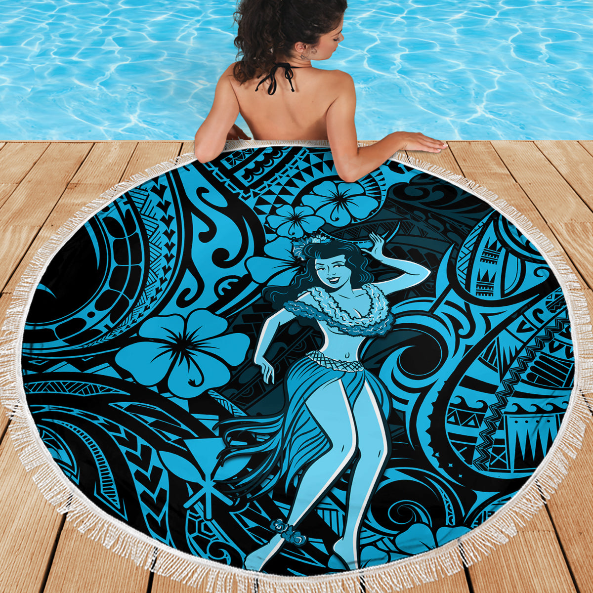 Hawaii Hula Girl Beach Blanket Hibiscus Hawaii Tribal Tattoo Sky Blue Version LT01 - Wonder Print Shop