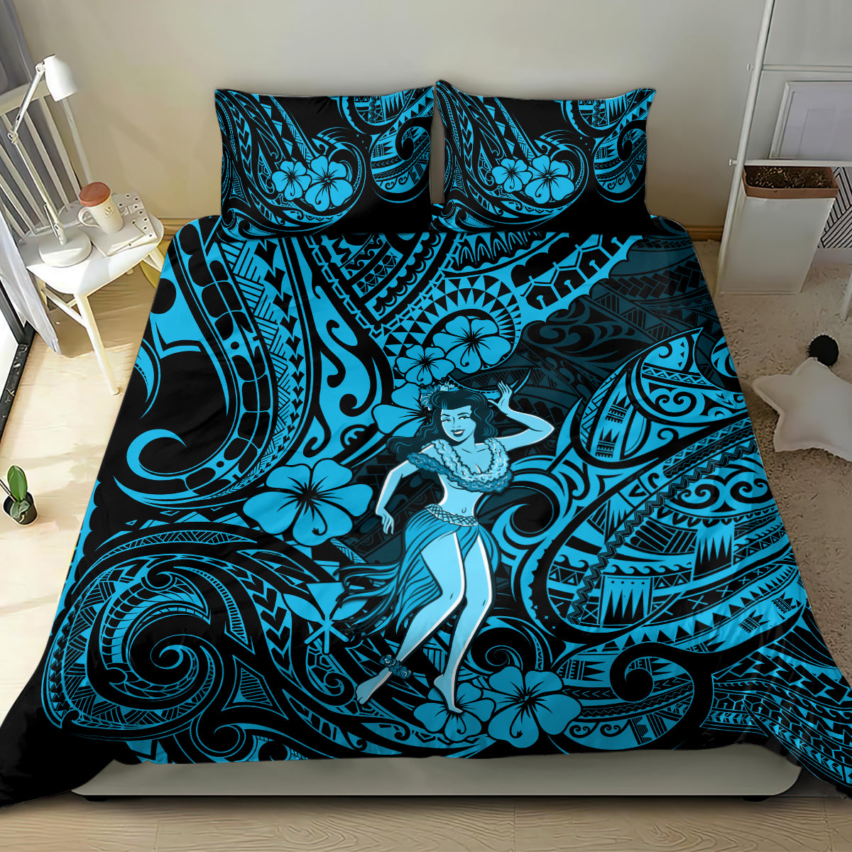 Hawaii Hula Girl Bedding Set Hibiscus Hawaii Tribal Tattoo Sky Blue Version LT01 - Polynesian Pride