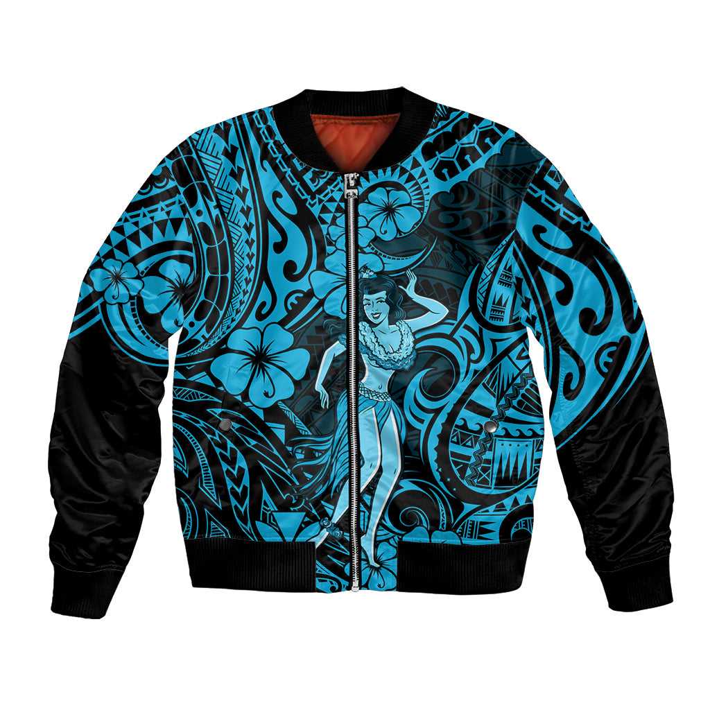 Hawaii Hula Girl Bomber Jacket Hibiscus Hawaii Tribal Tattoo Sky Blue Version LT01 Unisex Blue - Polynesian Pride