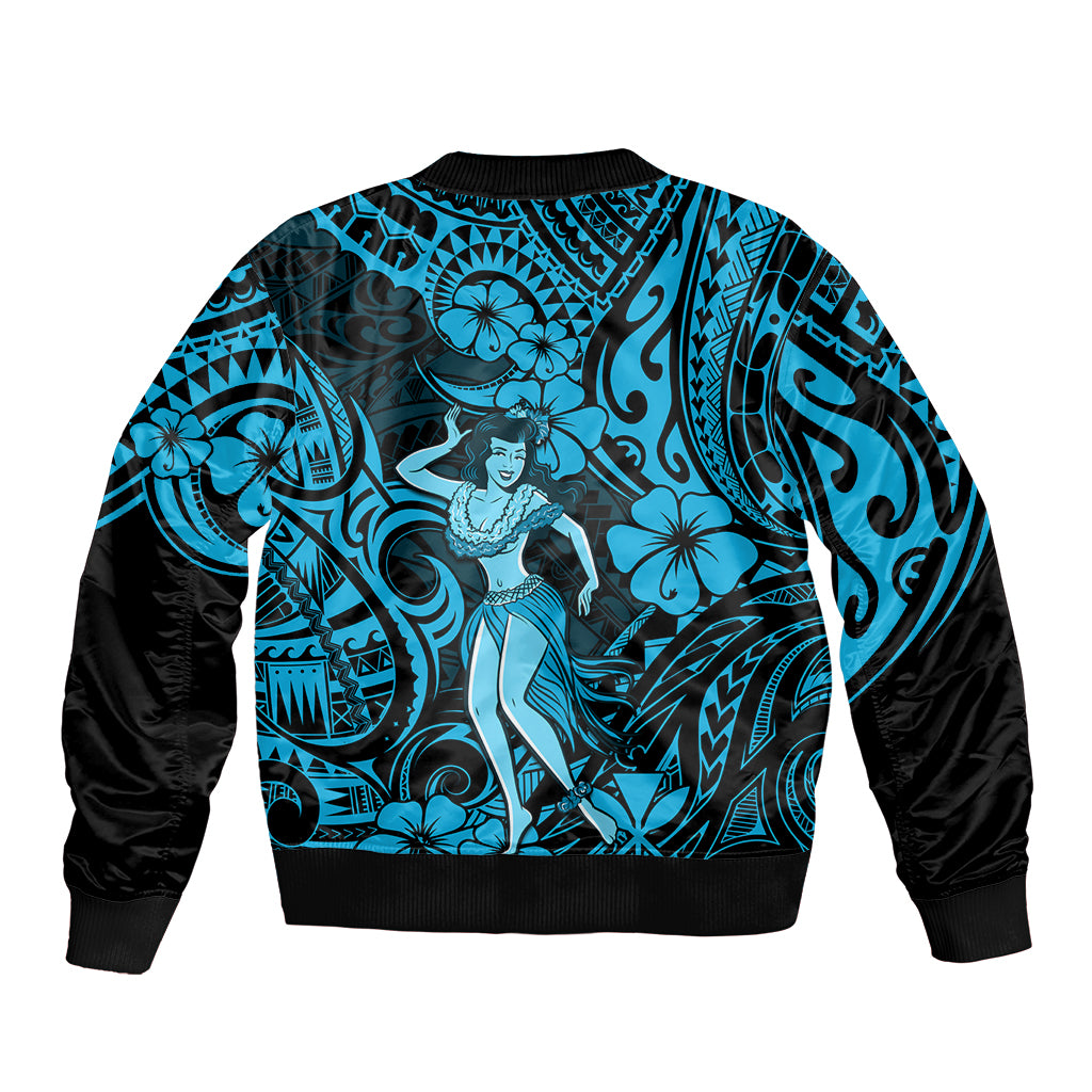 Hawaii Hula Girl Bomber Jacket Hibiscus Hawaii Tribal Tattoo Sky Blue Version LT01 - Polynesian Pride