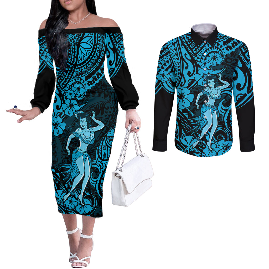 Hawaii Hula Girl Couples Matching Off The Shoulder Long Sleeve Dress and Long Sleeve Button Shirts Hibiscus Hawaii Tribal Tattoo Sky Blue Version LT01 Blue - Polynesian Pride