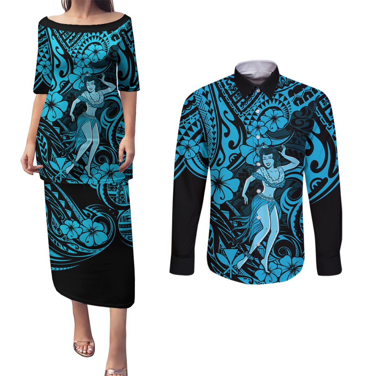 Hawaii Hula Girl Couples Matching Puletasi Dress and Long Sleeve Button Shirts Hibiscus Hawaii Tribal Tattoo Sky Blue Version LT01 Blue - Polynesian Pride