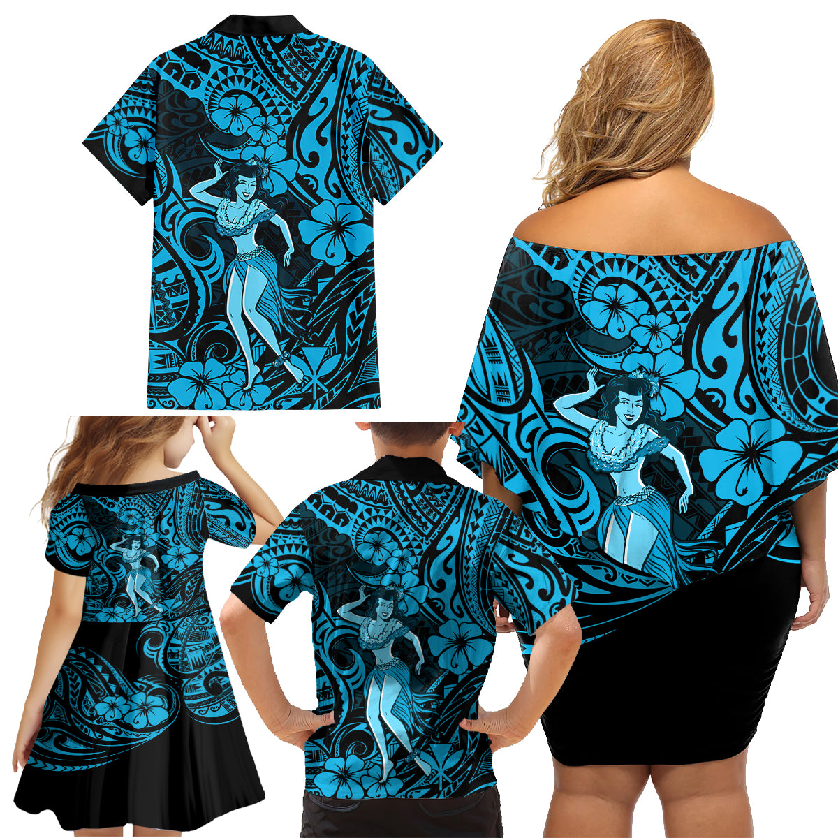 Hawaii Hula Girl Family Matching Off Shoulder Short Dress and Hawaiian Shirt Hibiscus Hawaii Tribal Tattoo Sky Blue Version LT01 - Polynesian Pride
