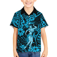 Hawaii Hula Girl Kid Hawaiian Shirt Hibiscus Hawaii Tribal Tattoo Sky Blue Version LT01 Kid Blue - Polynesian Pride
