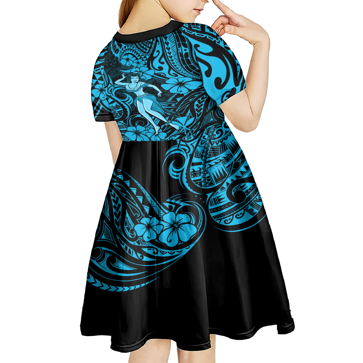 Hawaii Hula Girl Kid Short Sleeve Dress Hibiscus Hawaii Tribal Tattoo Sky Blue Version LT01 - Polynesian Pride