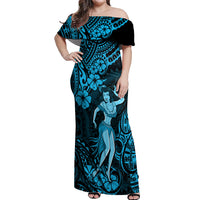 Hawaii Hula Girl Off Shoulder Maxi Dress Hibiscus Hawaii Tribal Tattoo Sky Blue Version LT01 Women Blue - Polynesian Pride
