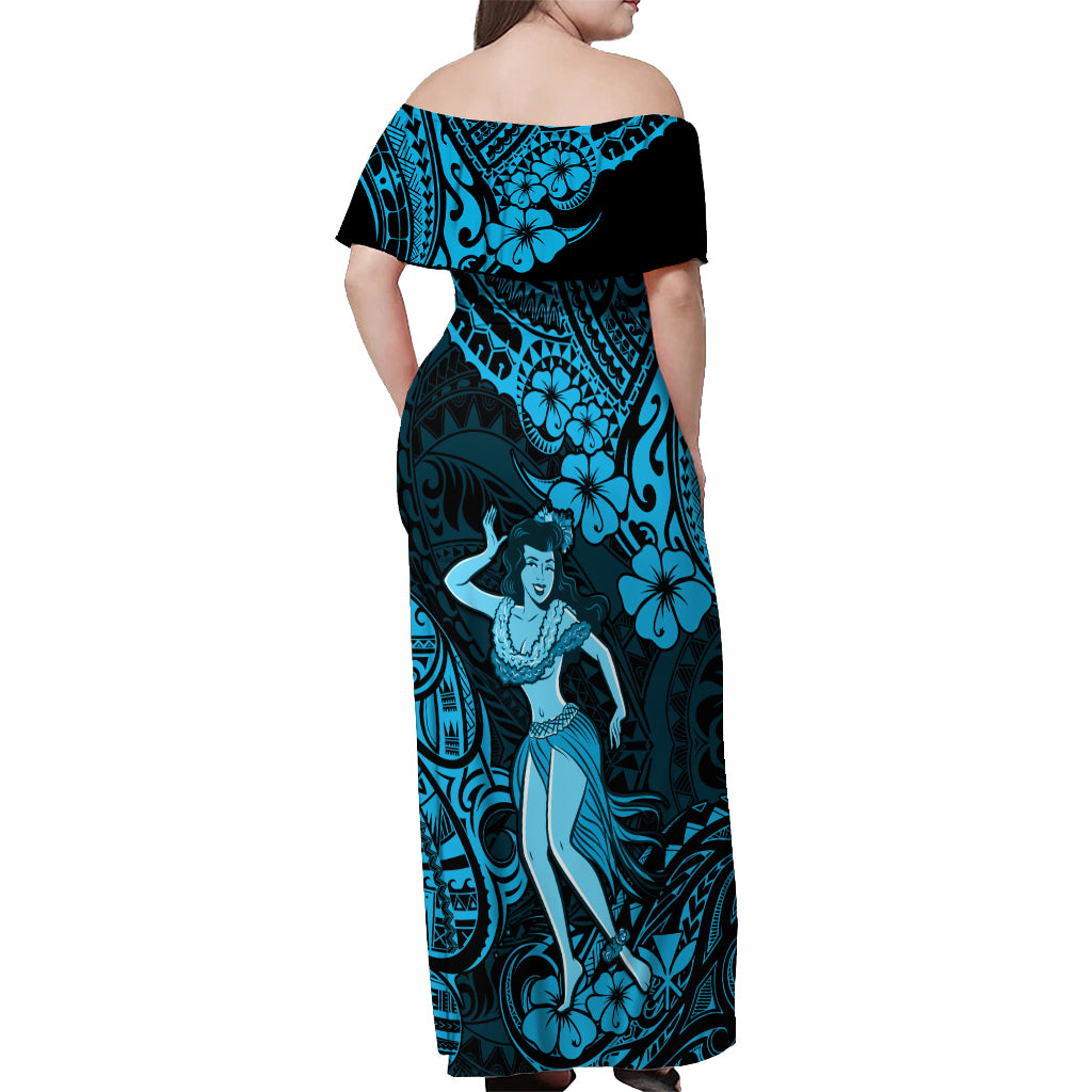 Hawaii Hula Girl Off Shoulder Maxi Dress Hibiscus Hawaii Tribal Tattoo Sky Blue Version LT01 - Polynesian Pride