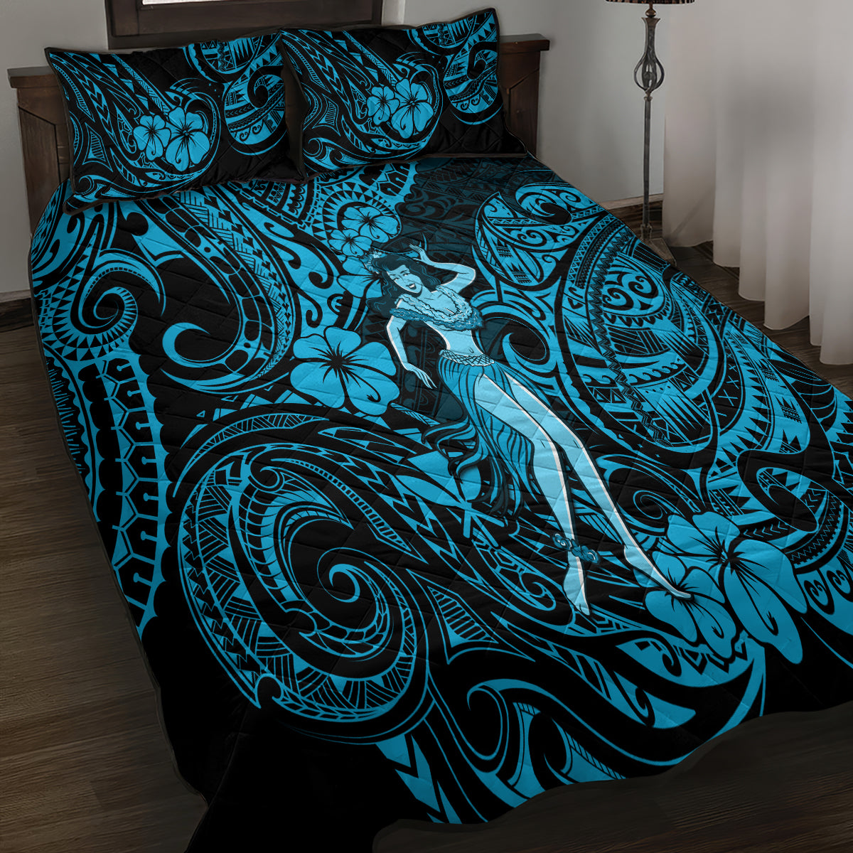 Hawaii Hula Girl Quilt Bed Set Hibiscus Hawaii Tribal Tattoo Sky Blue Version LT01 - Polynesian Pride