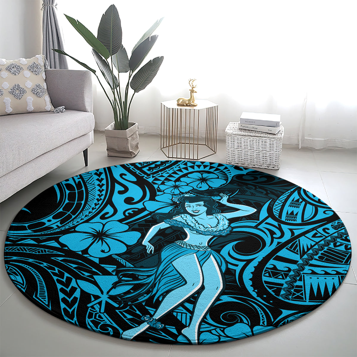 Hawaii Hula Girl Round Carpet Hibiscus Hawaii Tribal Tattoo Sky Blue Version LT01 - Polynesian Pride