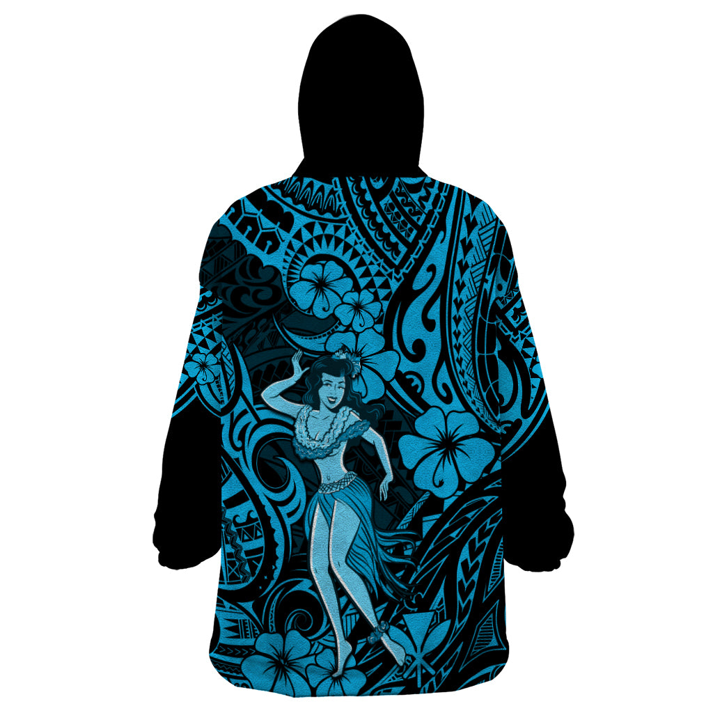 Hawaii Hula Girl Wearable Blanket Hoodie Hibiscus Hawaii Tribal Tattoo Sky Blue Version LT01 - Polynesian Pride