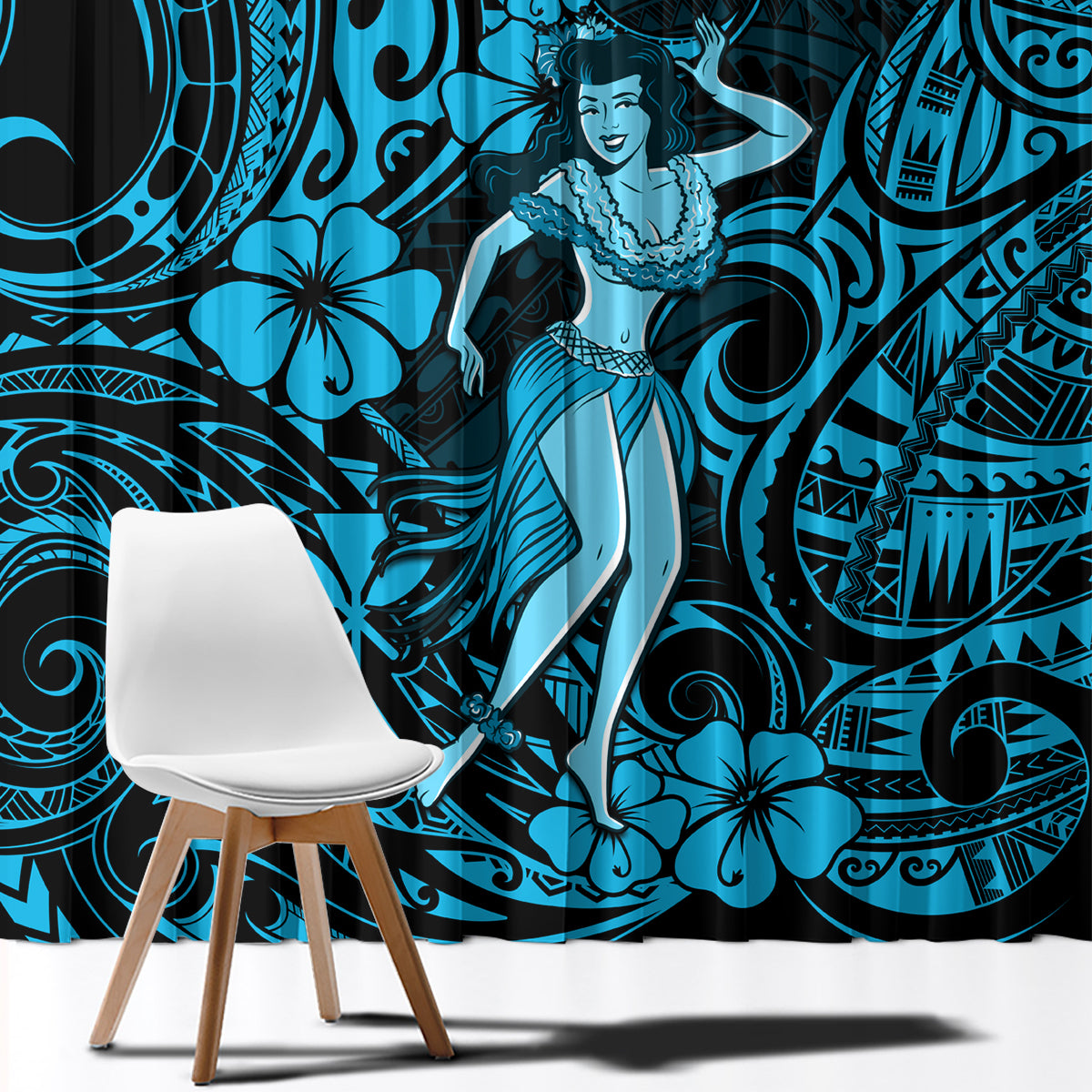 Hawaii Hula Girl Window Curtain Hibiscus Hawaii Tribal Tattoo Sky Blue Version LT01 - Polynesian Pride