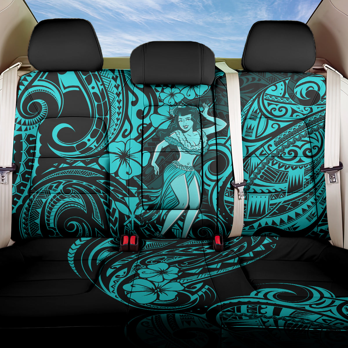 Hawaii Hula Girl Back Car Seat Cover Hibiscus Hawaii Tribal Tattoo Turquoise Version