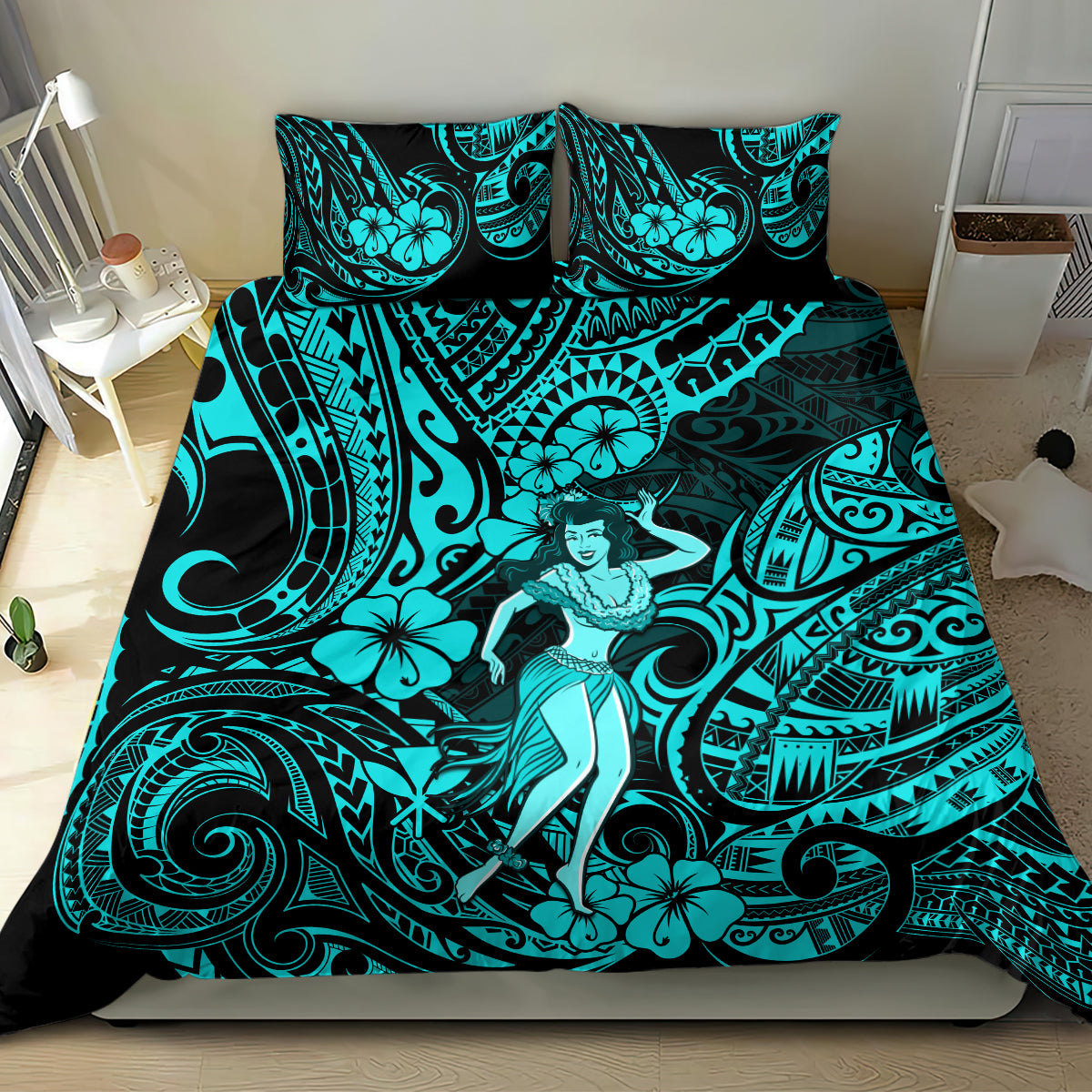 Hawaii Hula Girl Bedding Set Hibiscus Hawaii Tribal Tattoo Turquoise Version LT01 - Polynesian Pride