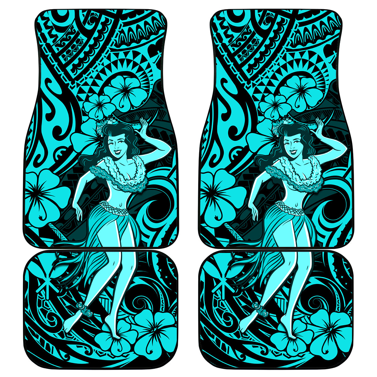 Hawaii Hula Girl Car Mats Hibiscus Hawaii Tribal Tattoo Turquoise Version LT01 Turquoise - Polynesian Pride