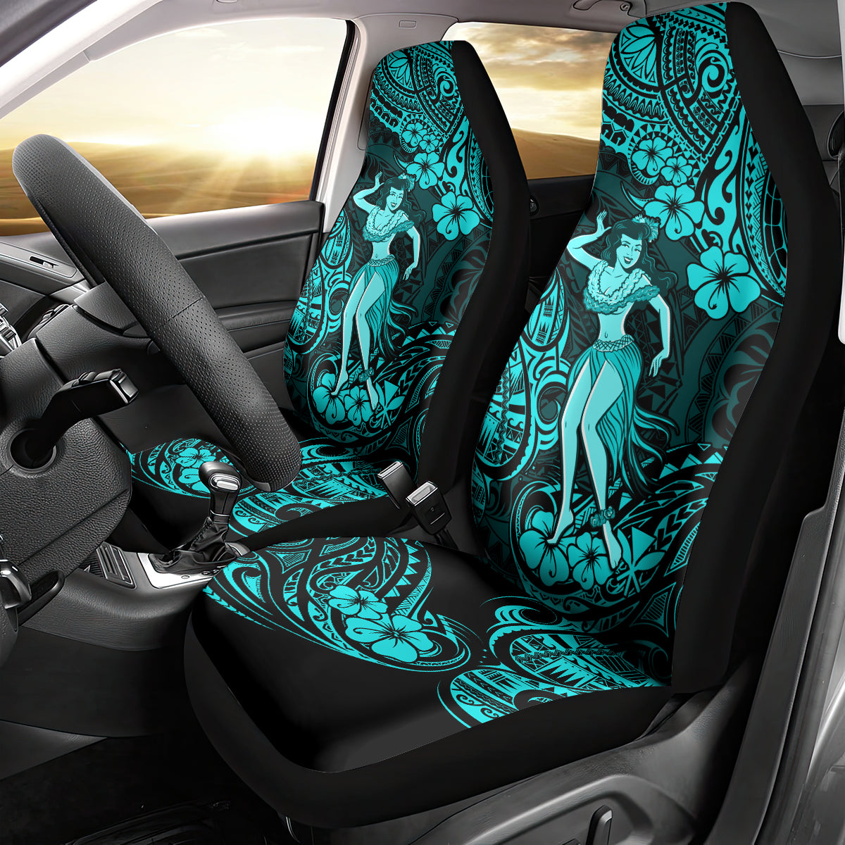 Hawaii Hula Girl Car Seat Cover Hibiscus Hawaii Tribal Tattoo Turquoise Version LT01 - Polynesian Pride