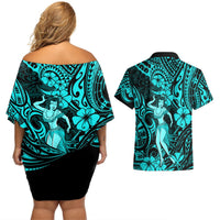 Hawaii Hula Girl Couples Matching Off Shoulder Short Dress and Hawaiian Shirt Hibiscus Hawaii Tribal Tattoo Turquoise Version LT01 - Polynesian Pride