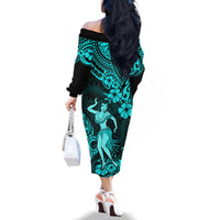 Hawaii Hula Girl Family Matching Off Shoulder Long Sleeve Dress and Hawaiian Shirt Hibiscus Hawaii Tribal Tattoo Turquoise Version LT01 - Polynesian Pride