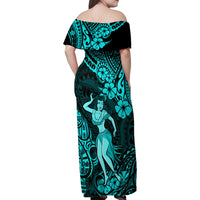 Hawaii Hula Girl Family Matching Off Shoulder Maxi Dress and Hawaiian Shirt Hibiscus Hawaii Tribal Tattoo Turquoise Version LT01 - Polynesian Pride
