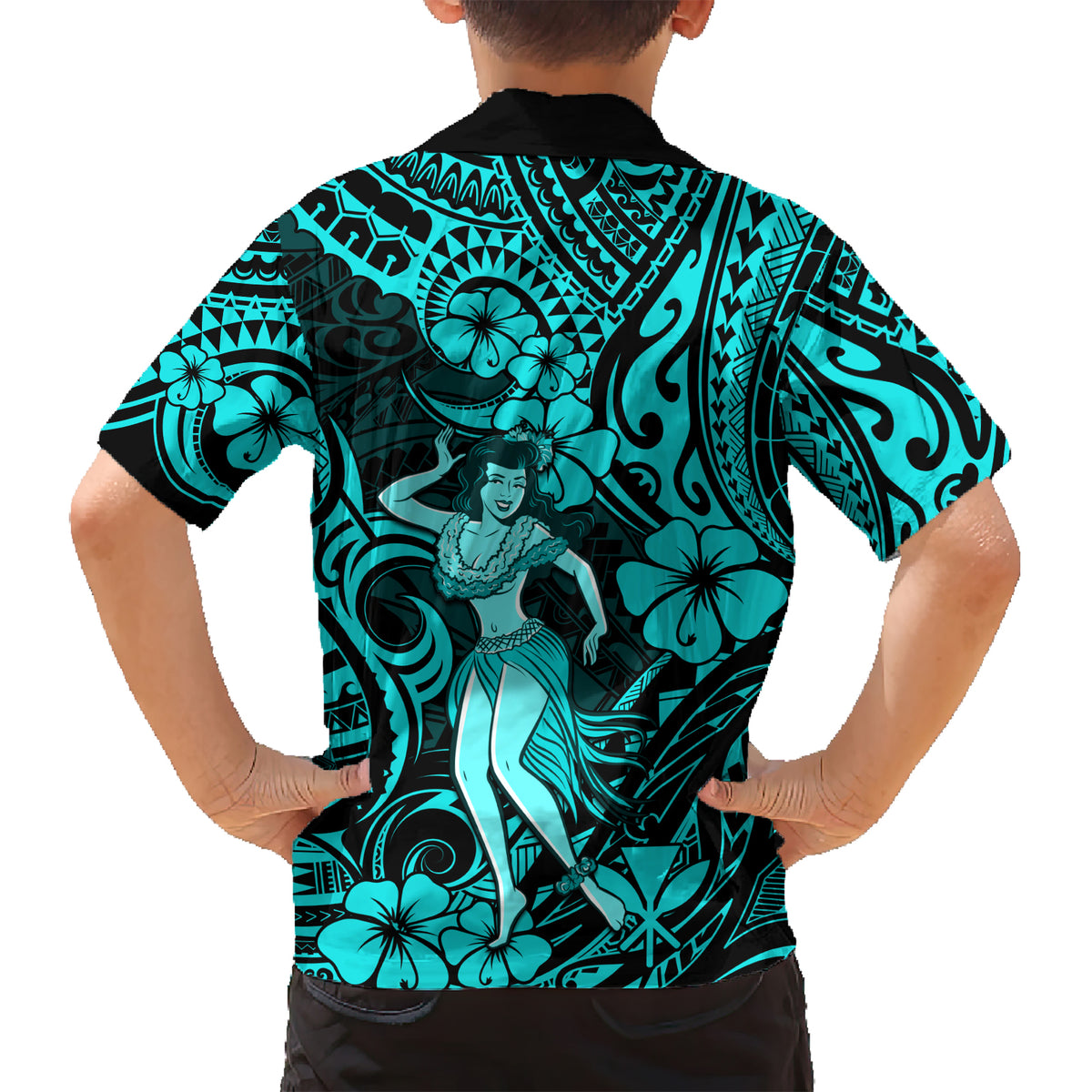 Hawaii Hula Girl Kid Hawaiian Shirt Hibiscus Hawaii Tribal Tattoo Turquoise Version LT01 - Polynesian Pride