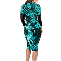 Hawaii Hula Girl Long Sleeve Bodycon Dress Hibiscus Hawaii Tribal Tattoo Turquoise Version LT01 - Polynesian Pride
