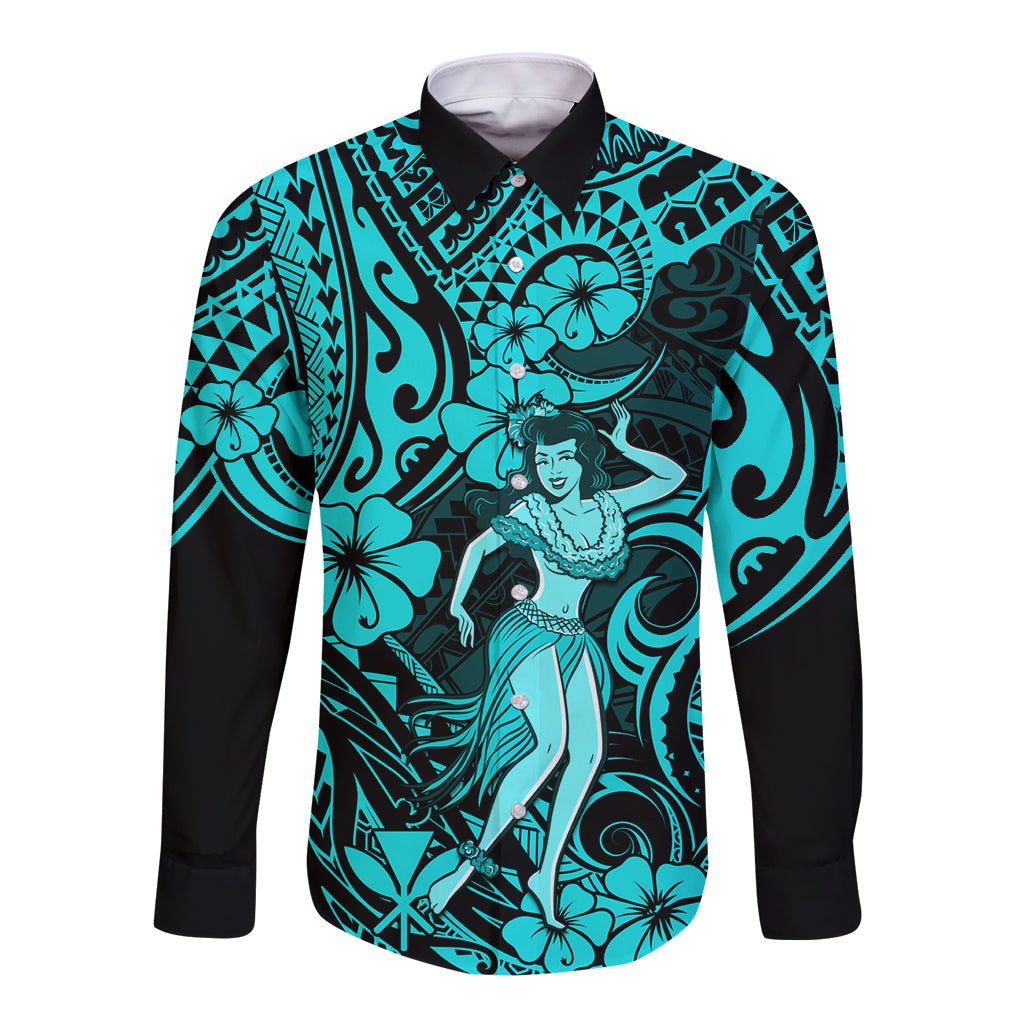 Hawaii Hula Girl Long Sleeve Button Shirt Hibiscus Hawaii Tribal Tattoo Turquoise Version LT01 Unisex Turquoise - Polynesian Pride