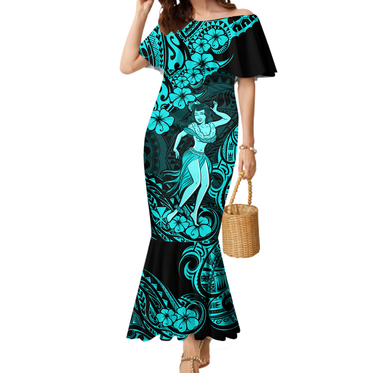 Hawaii Hula Girl Mermaid Dress Hibiscus Hawaii Tribal Tattoo Turquoise Version LT01 Women Turquoise - Polynesian Pride