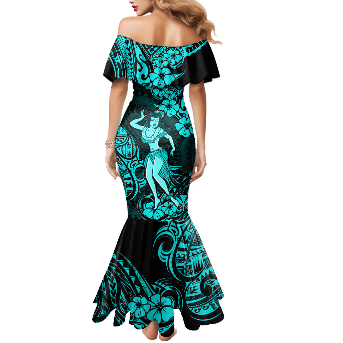 Hawaii Hula Girl Mermaid Dress Hibiscus Hawaii Tribal Tattoo Turquoise Version LT01 - Polynesian Pride