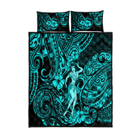 Hawaii Hula Girl Quilt Bed Set Hibiscus Hawaii Tribal Tattoo Turquoise Version LT01 Turquoise - Polynesian Pride