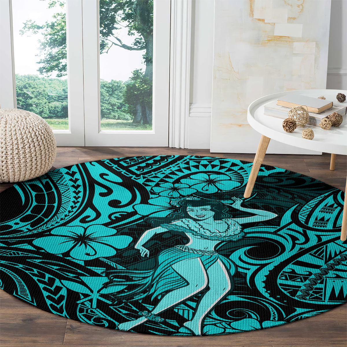 Hawaii Hula Girl Round Carpet Hibiscus Hawaii Tribal Tattoo Turquoise Version LT01 - Polynesian Pride