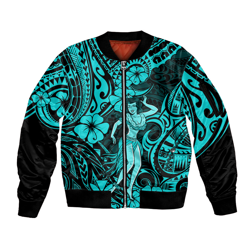 Hawaii Hula Girl Sleeve Zip Bomber Jacket Hibiscus Hawaii Tribal Tattoo Turquoise Version LT01 Unisex Turquoise - Polynesian Pride