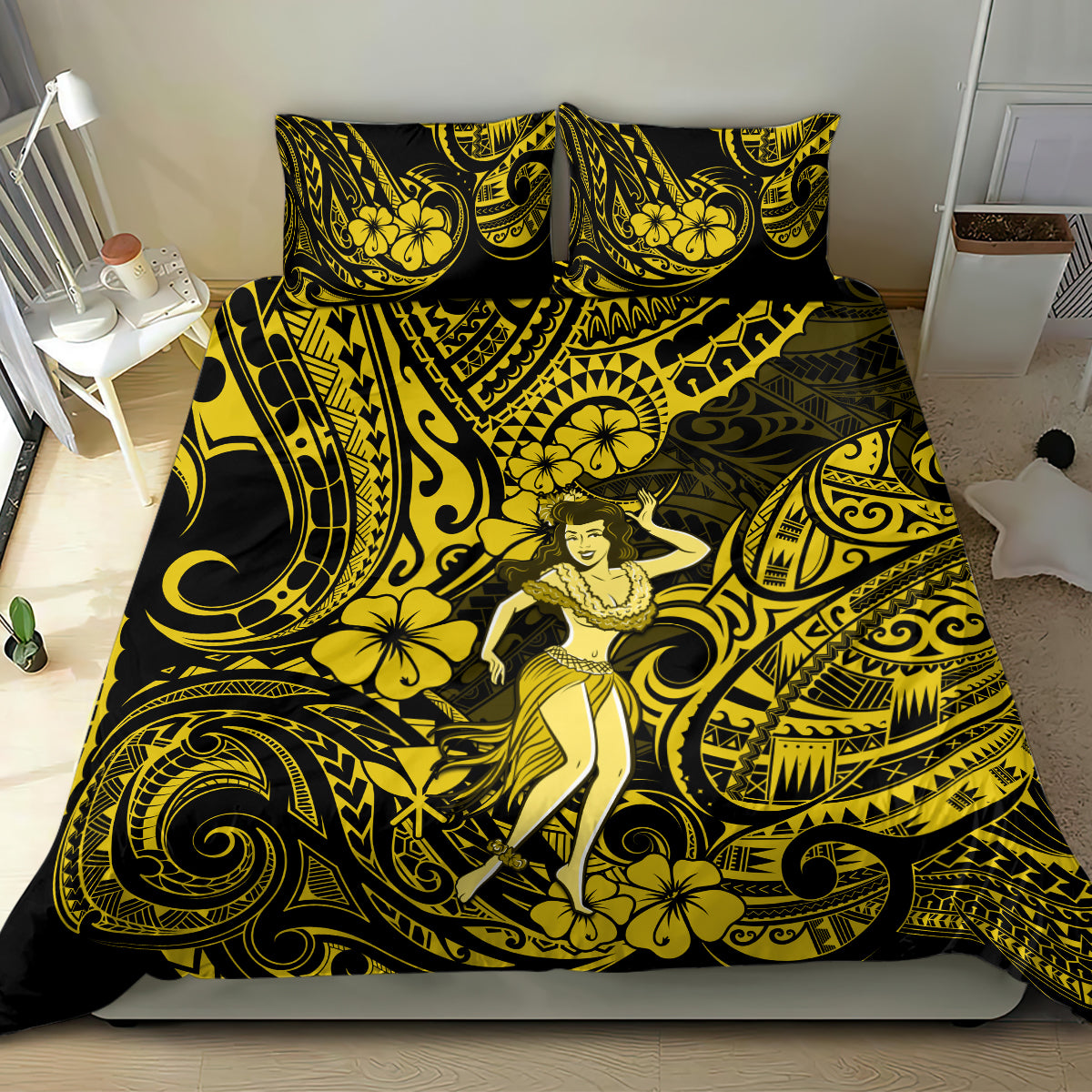 Hawaii Hula Girl Bedding Set Hibiscus Hawaii Tribal Tattoo Yellow Version LT01 - Polynesian Pride