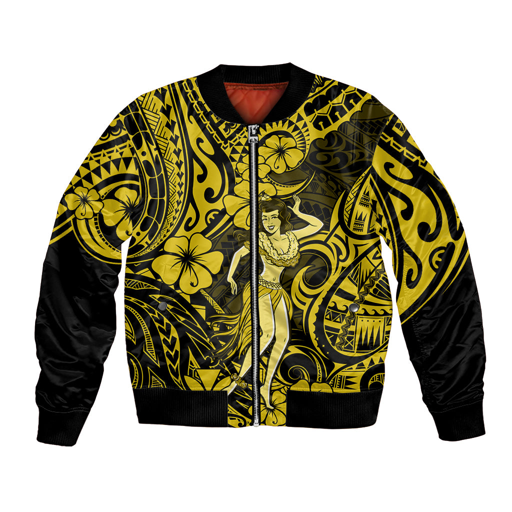 Hawaii Hula Girl Bomber Jacket Hibiscus Hawaii Tribal Tattoo Yellow Version LT01 Unisex Yellow - Polynesian Pride