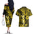 Hawaii Hula Girl Couples Matching Off The Shoulder Long Sleeve Dress and Hawaiian Shirt Hibiscus Hawaii Tribal Tattoo Yellow Version LT01 - Polynesian Pride