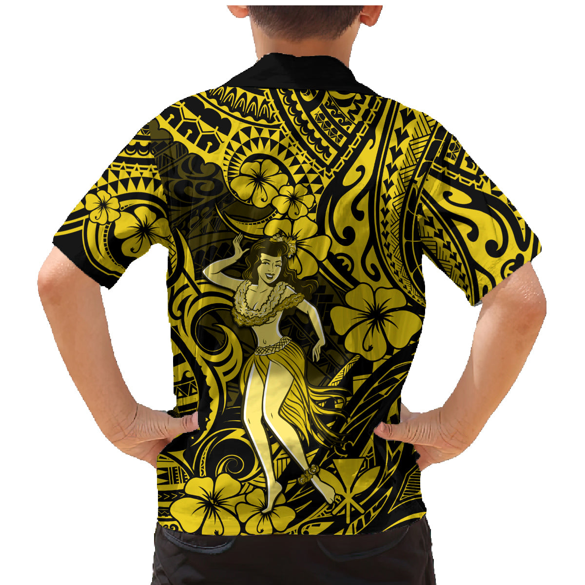 Hawaii Hula Girl Family Matching Mermaid Dress and Hawaiian Shirt Hibiscus Hawaii Tribal Tattoo Yellow Version LT01 - Polynesian Pride