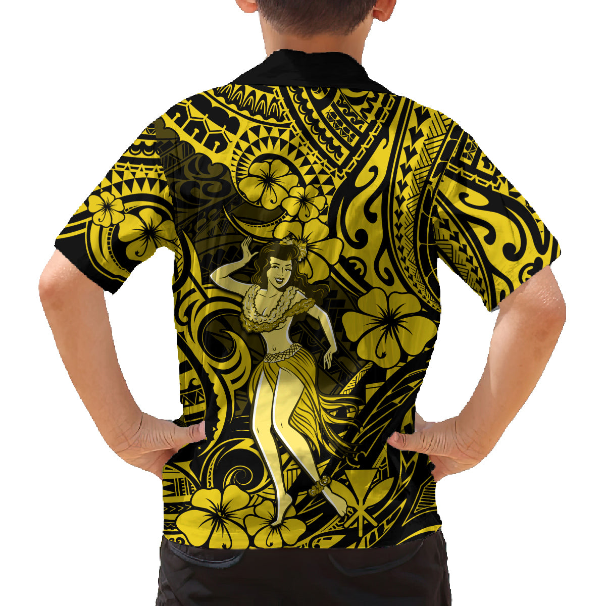 Hawaii Hula Girl Family Matching Off Shoulder Short Dress and Hawaiian Shirt Hibiscus Hawaii Tribal Tattoo Yellow Version LT01 - Polynesian Pride