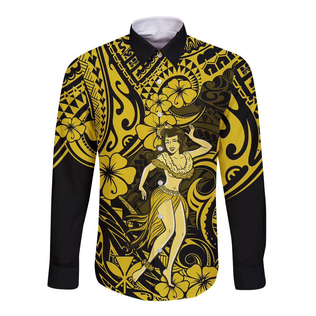 Hawaii Hula Girl Long Sleeve Button Shirt Hibiscus Hawaii Tribal Tattoo Yellow Version LT01 Unisex Yellow - Polynesian Pride